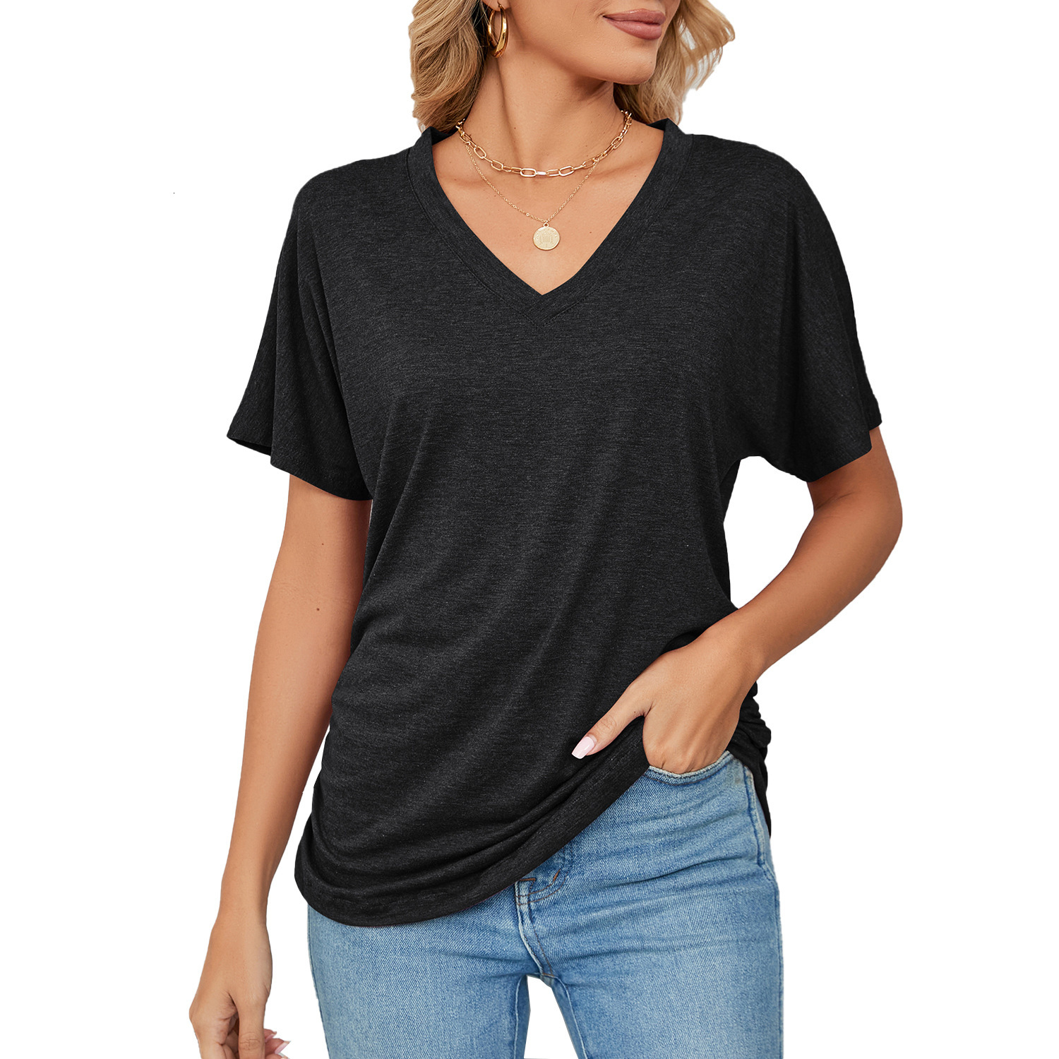 Designer Clothing 2025 Summer New Casual Pullover V-neck Solid Color Loose T-shirt Women's Top Fashionable