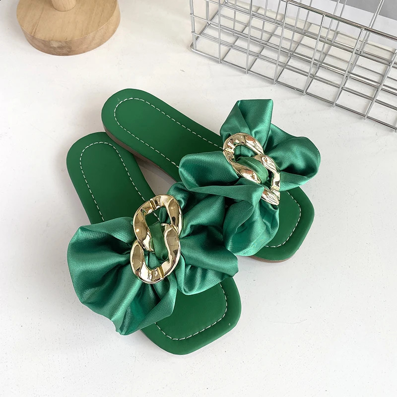 Girls Slippers Silk Bowtie Buckle Pure Color Beautiful Children Sliders Summer Square Toe Slipon Holiday Kids Shoes 2736 250515