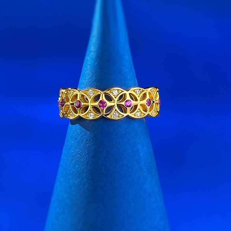 New Vintage Chinese Coin Design Gold-Plated S925 Sterling Silver Ring with Floral Detailing
