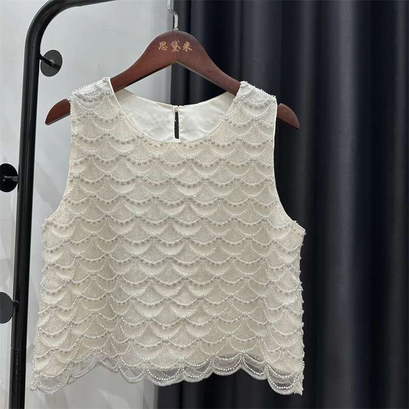 Bling Sequined Tanks Tops Women Fashion Heavy Industry Double-Sided Vest Vacation Leisure Beaded Chiffon Top