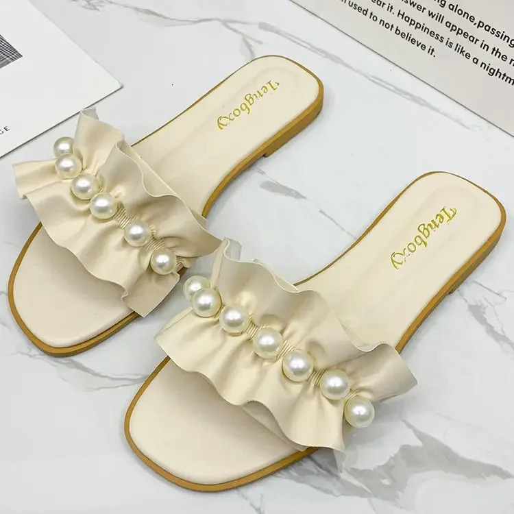 Women Slides Faux Pearl Decor Ruffle Trim Sandals Open Toe Wear-resistant Flat Slippers Summer Sandy Beach Sandals Women Shoes 250516