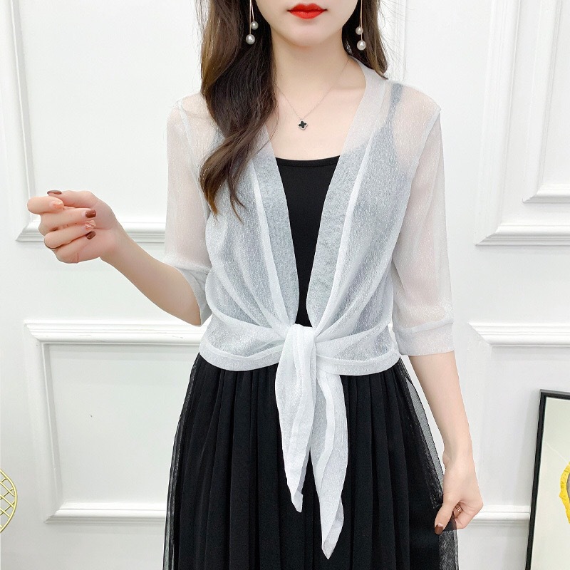 K779 Summer gold and silver silk women's cardigan with mesh cape, large size lace and waistcoat, sun protection cape, air conditioning shirt