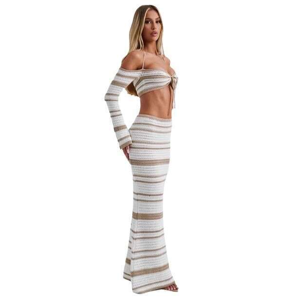 Halter Dress New Spicy Girl Women S Suit Summer Striped Long Sleeved Hanging Neck Top Half Skirt Two Piece Set For Women Maxi Dress