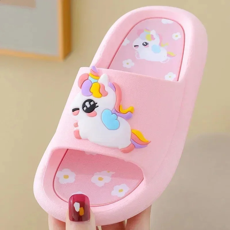 Summer Kids Home Shoes Flip Flops Baby Girls Slippers for Children Cartoon Unicorn Bathroom Antislip Thick Sole Slides 250519