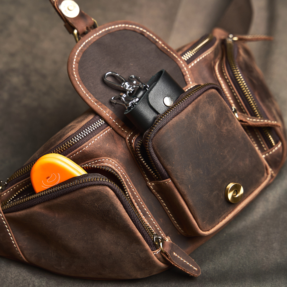 Hot Sale Men Crazy Horse Leather Casual Fashion Chest Sling Bag 8" Tablet Design Triangle One Shoulder Cross-Body Bag Male