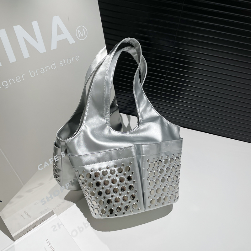 2025 Rivet Women's Fashion Shoulder Water Bucket Underarm Bag PU Leather Handbag