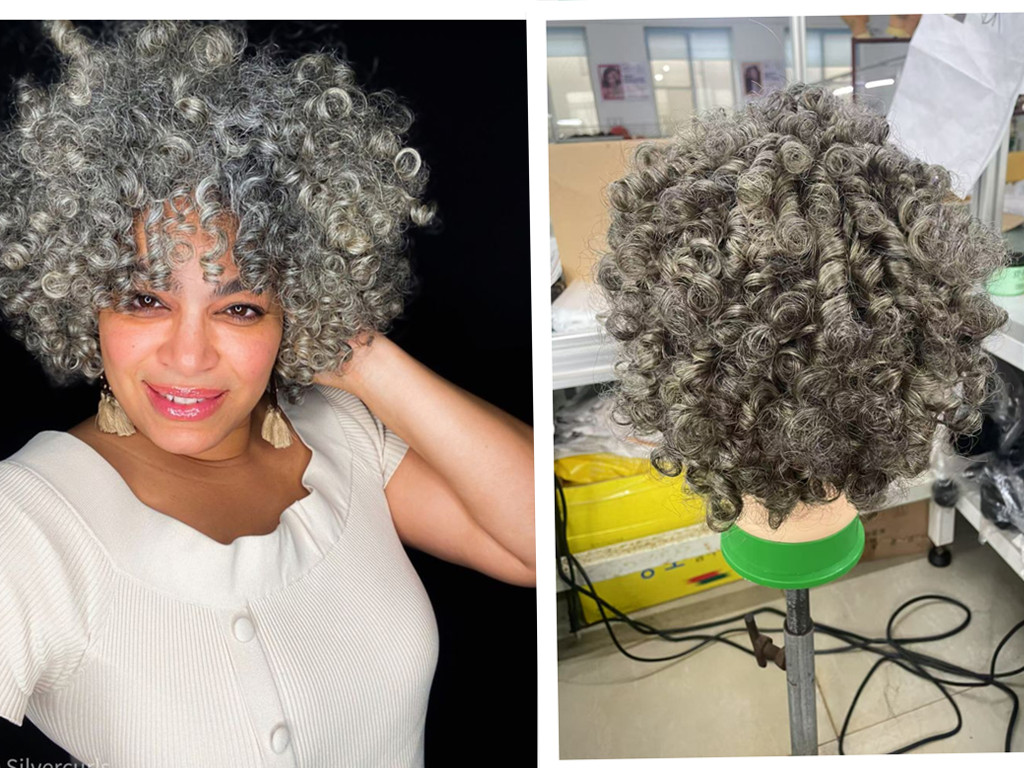 Silver curls gray bob human hair none lace wig with bang fringe hairpiece clip in glueless real silver gray raw virgin hair