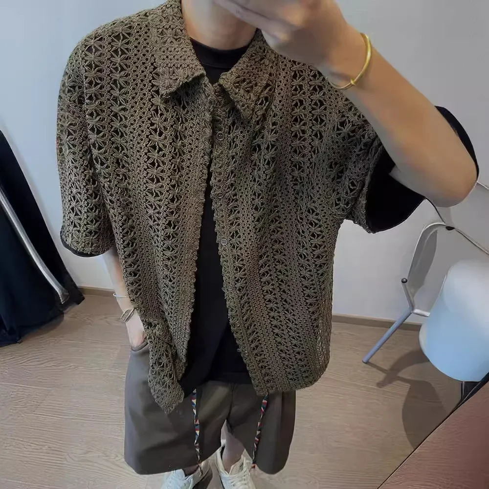 Summer American Style Vintage Distressed Versatile Military Green Knit Hollow Breathable Loosefit Casual Short Sleeve Shirt Men 250520