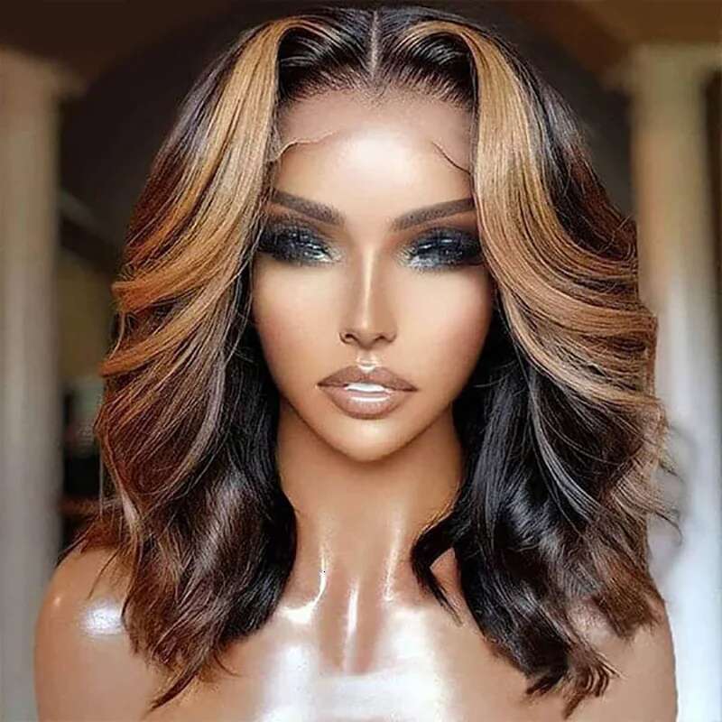 Short Women's Ombre Highlight Bob Human Hair Hd Body Wave Lace Front Wig Glueless Brazilian Wigs On Sale For Women