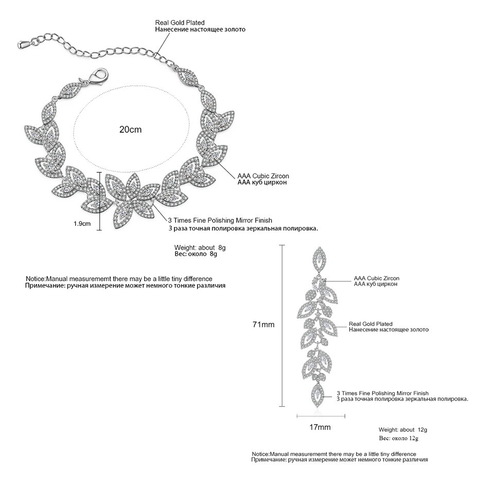 ZAKOL Shiny Buling Micropaved Zirconia Leaf Long Earrings Chain Bracelet Charm Wedding Jewelry Set For Women 250520