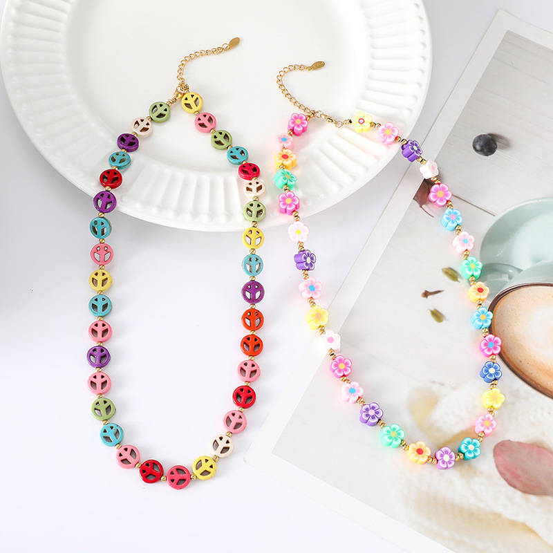 colorful small flower splicing turquoise bead necklace, Bohemian light niche collarbone chain