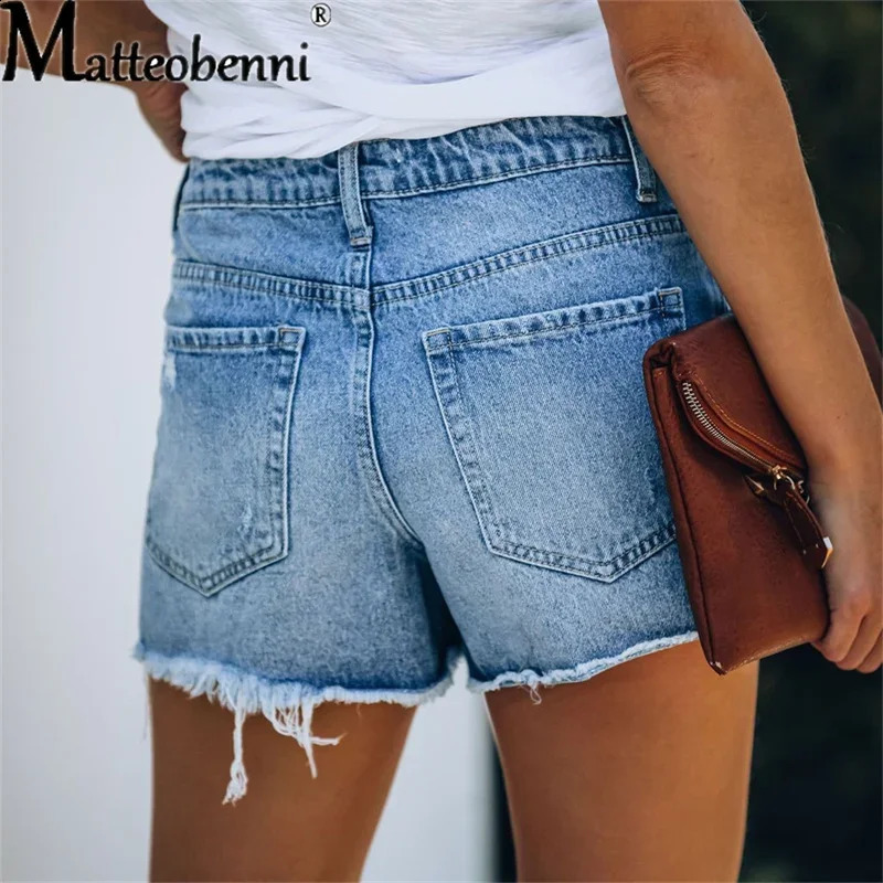 2024 Summer Women Ripped Repaired Denim Shorts High Waist Bodycon Distressed Hole Bottoms Casual Pockets Sexy Short Jeans 250514