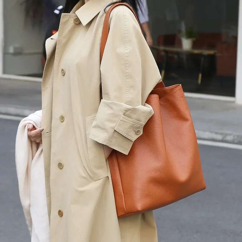 Genuine Leather Women Shoulder Soft Cowhide Female Tote Commuting Versatile Large Capacity Bucket Bag