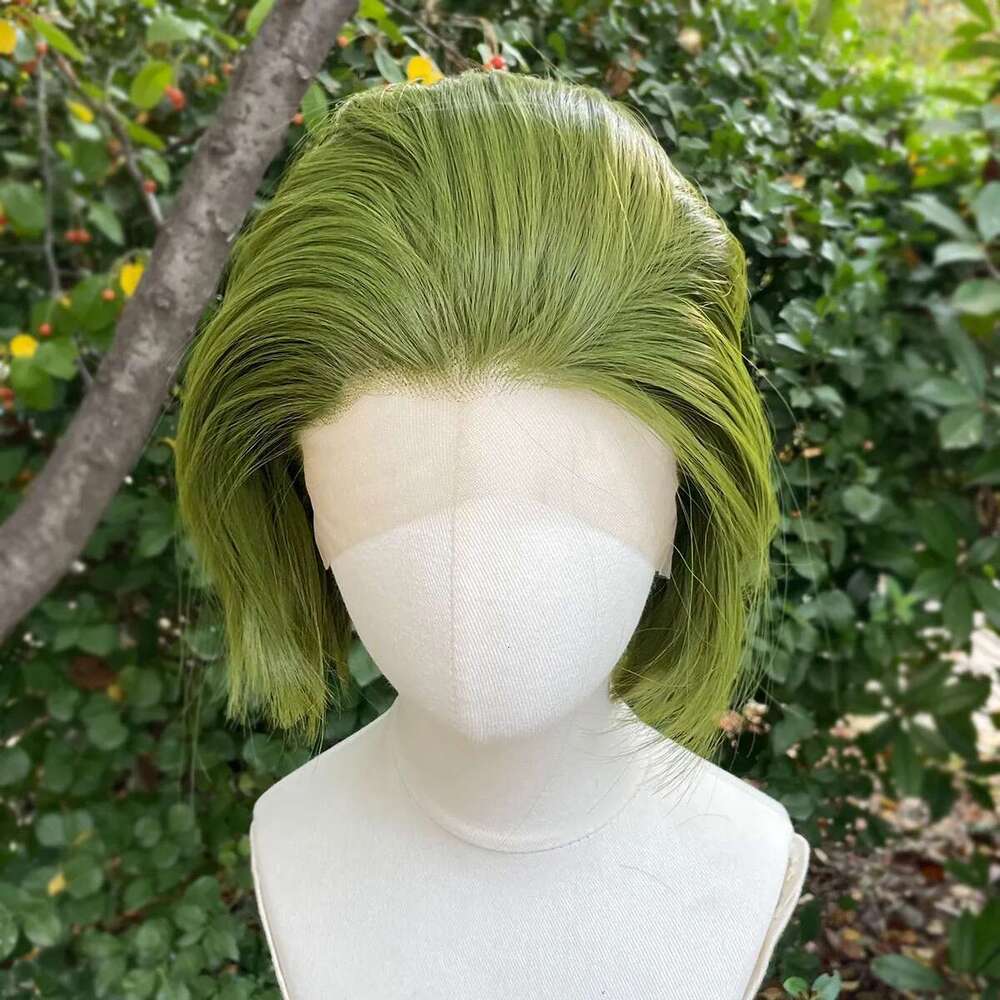 Green Bob Cosplay Men 13x4 Synthetic Lace Front for Women Short Cut Piexie Wigs Natural Hairline Pre Plucked