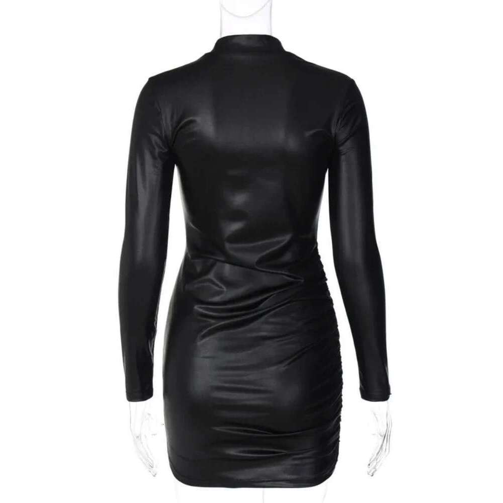 Sexy Imitation Leather Folds Slim Bodycon Women Soild Color Long Sleeves Skinny Mini Dress Elegant Club Party Vestidos