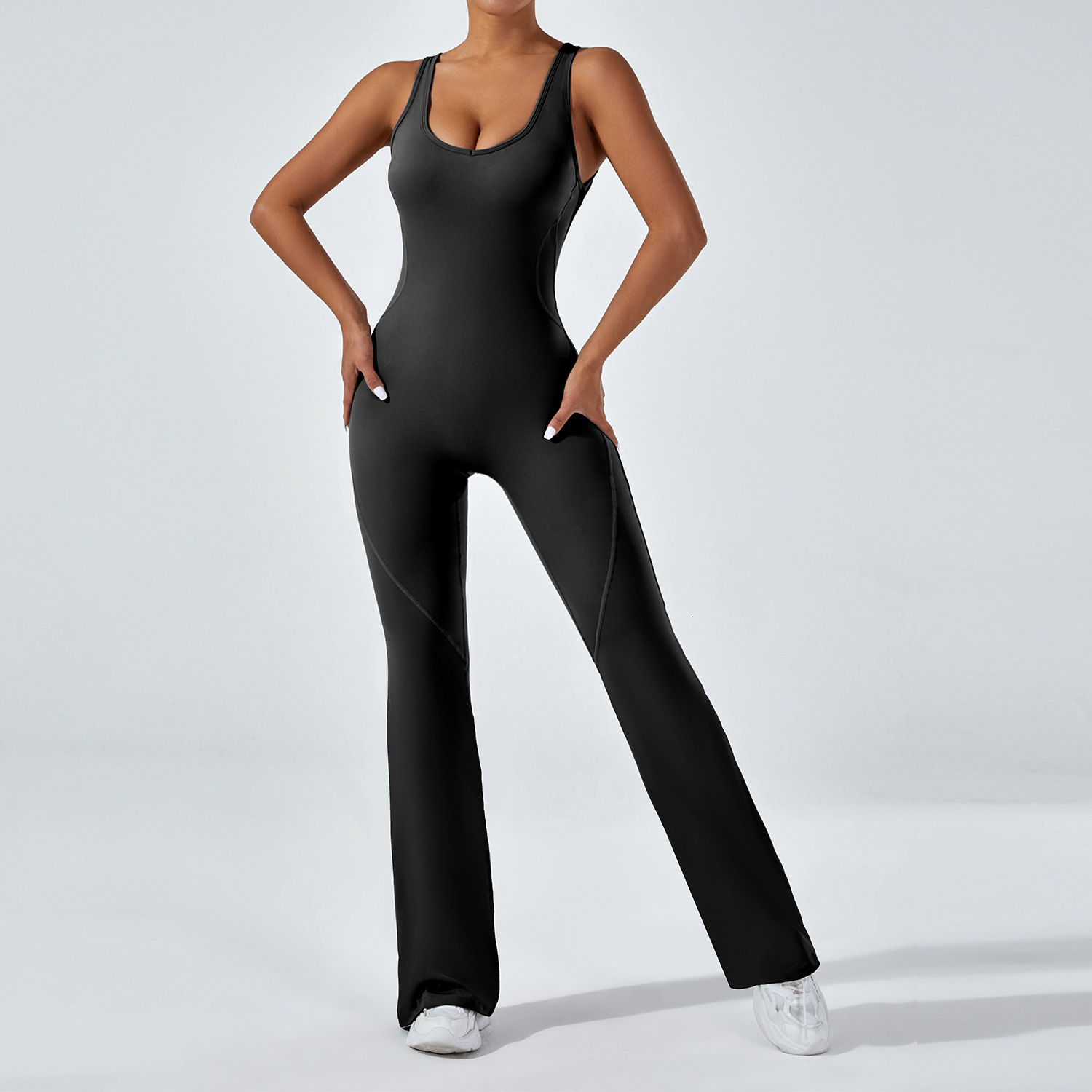 Tight backless one-piece yoga hip lifting exercise and fitness suit, wide leg pants, belly cinching micro flared jumpsuit