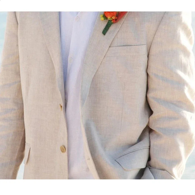 Beige Linen Wedding Suits for Men Beach 2 Pcs Groom Tuxedo Summer American Style Suit Jacket with Pants 250519