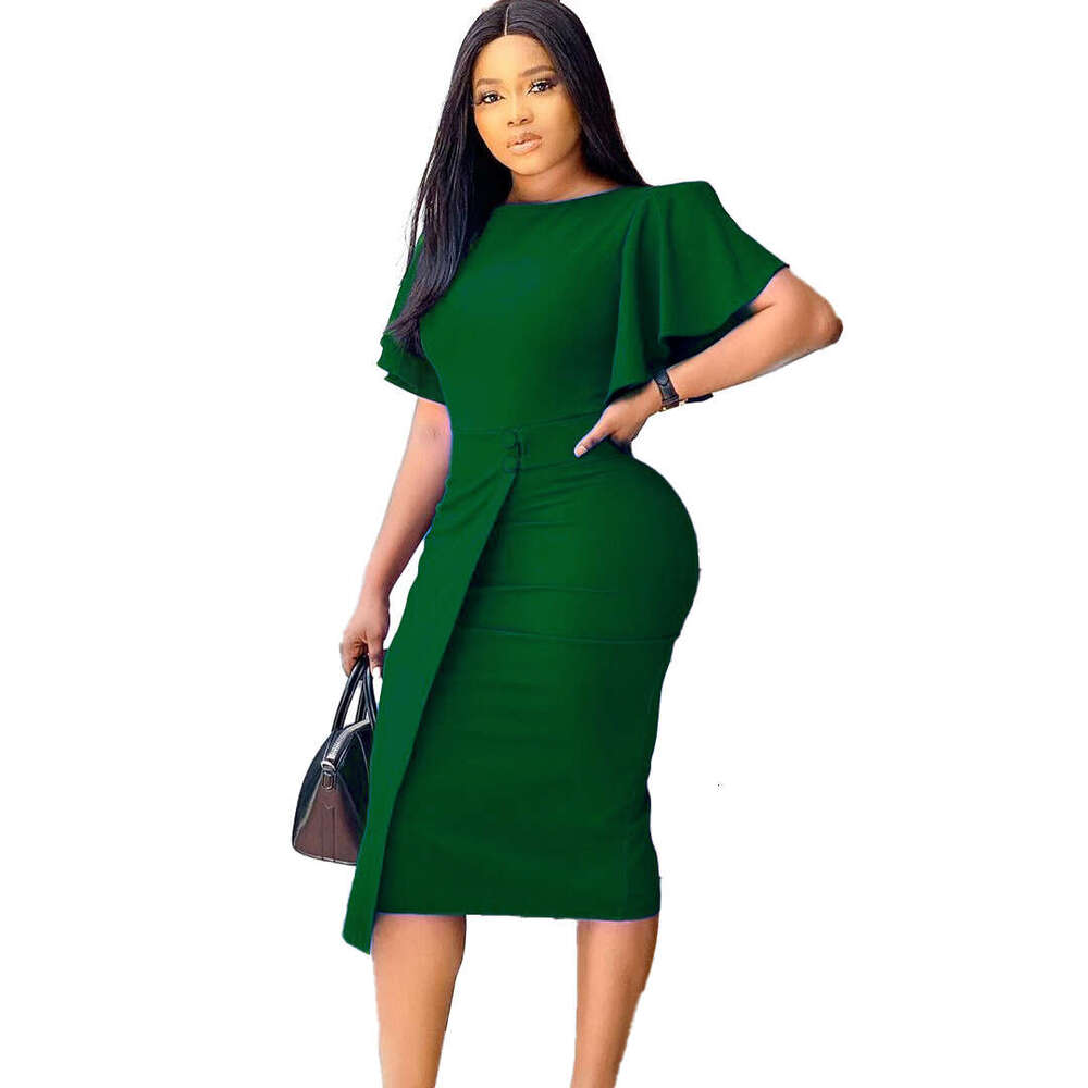 Women's Wear Large Women's Fashion And Elegance Commuting OL Pencil Skirt Lotus Leaf Sleeves Wrapped Hip Dress
