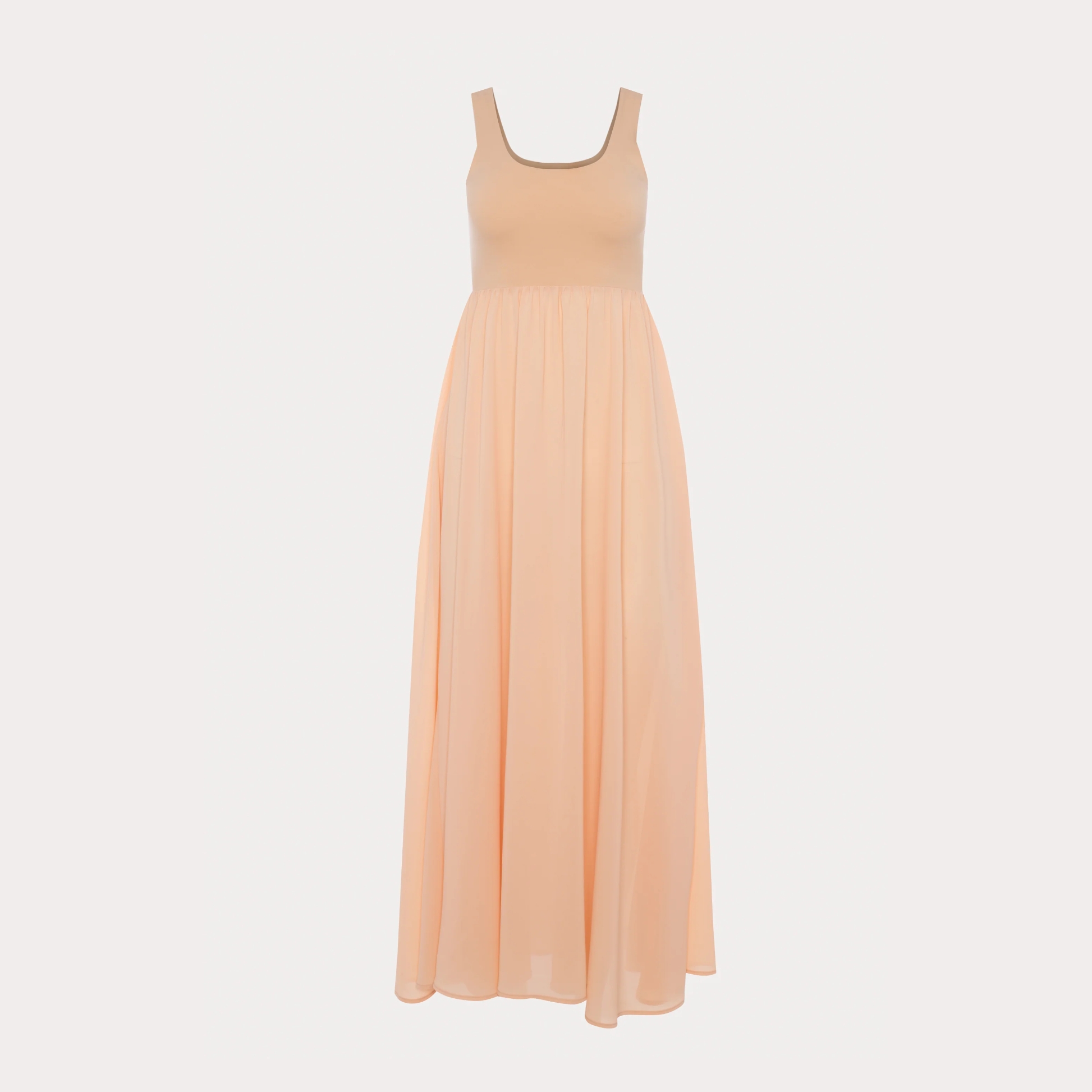 Women's Peach U-neck Sleeveless Maxi Fitted Pleated Dress with wide straps