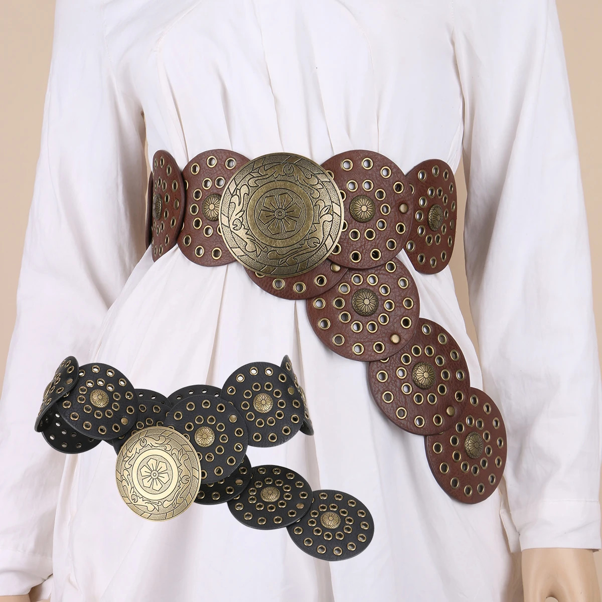 Punk Ladiess stud Circle PU cowboy Belts Heavy metal band waist Decorate accessories cowgirl wide Girdle For Women Coat clothe 250519