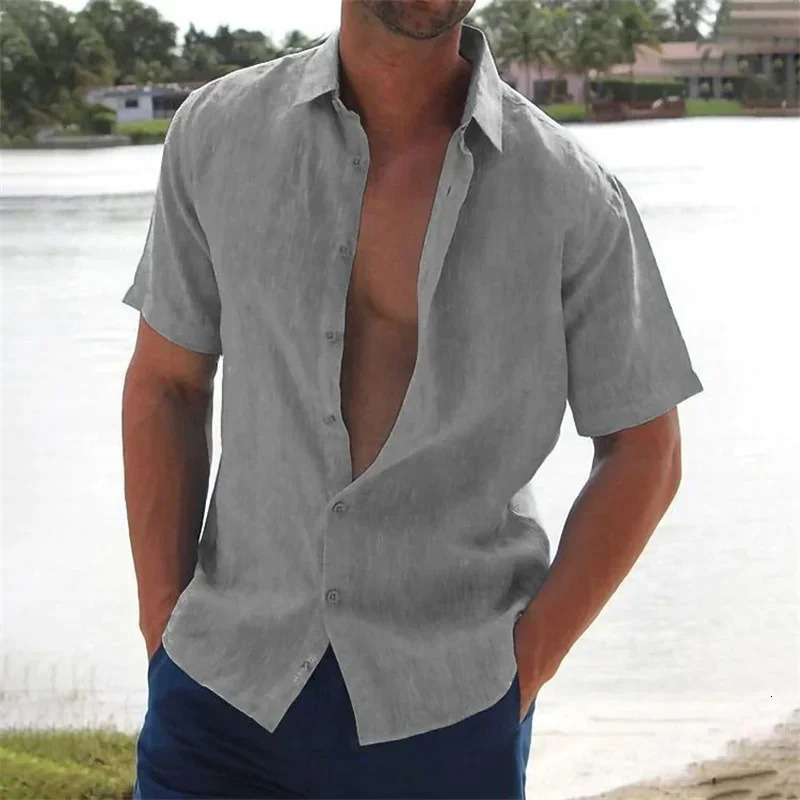 Summer Explosive Fashion Casual ShortSleeved Mens Shirt High Quality Lapel Knitted Cardigan Solid Color Clothing 250520