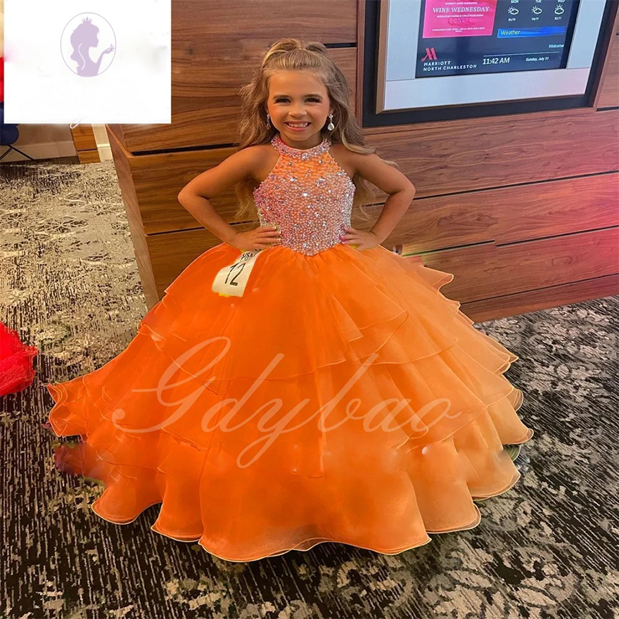 Yellow Flower Girl Dress For Wedding Tulle Puffy Beaded Sleeveless Floor Length Princess Pageant Elegant Kids Birthday Ball Gown