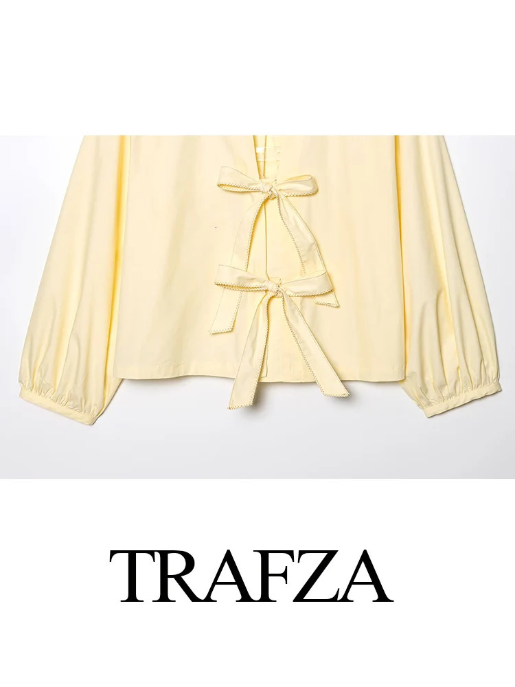 TRAFZA Women Casual Lace Up Shirt With Bow Summer Long Sleeve Loose Female Shirts Puff Blouses Office Top 250520