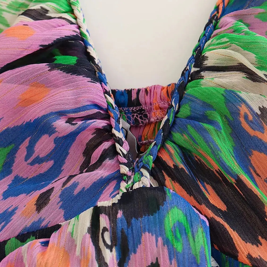ZBZA Women Tiedye Printed Aline Dress Vneck Spaghetti Strap Pleated Midwaist Open Back Mini Spring Summer Chic Top 250520