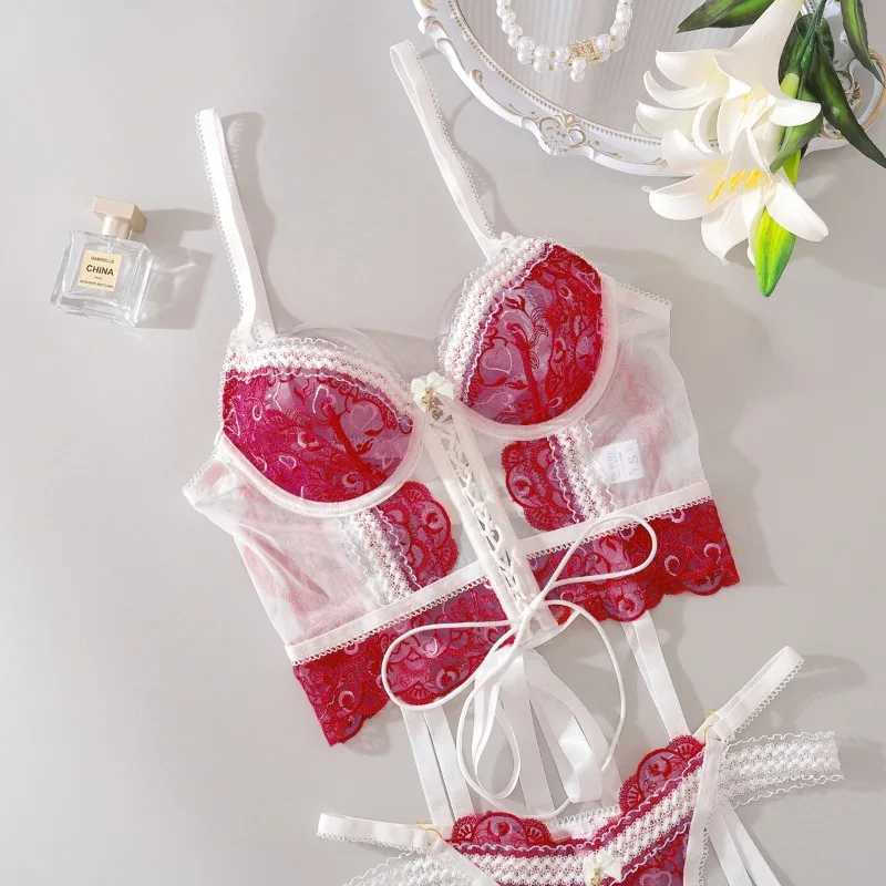 Sexy Lingerie Suit for Women Lace Patchwork Lace Up Hollow Out Underwear Sexy Knot Exotic Garters Underwear Set New R250520