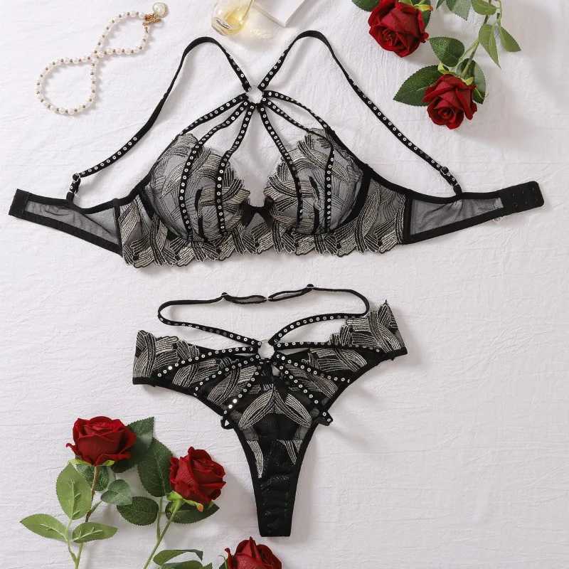 Sexy Lingerie Suit for Women Halter Hollow Out Mesh See-through Womens Shiny Diamonds Underwear 2-piece Set Lingerie R250520