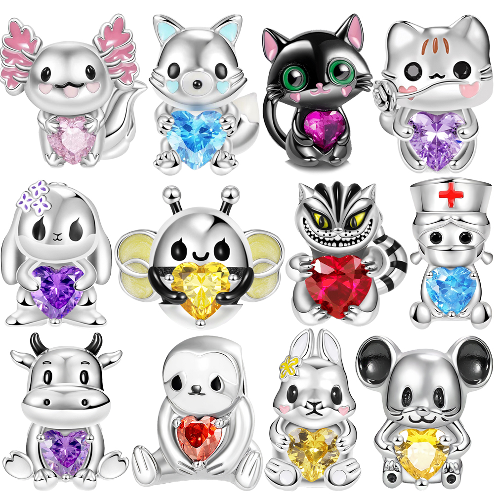 2025 Silver Color Cute Pet Holding Heart Serise Mexico Axolotl, Kitten, Rabbit, Mouse, Cow & Bee Bead Charm fit Pan Charms Bracelet Women Fine Accesso