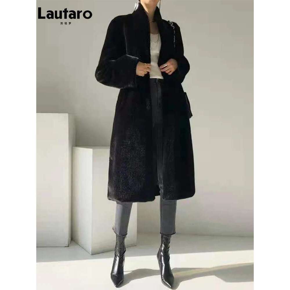 Lautaro Winter Long Black Elegant Stylish Thick Warm Fluffy Hairy Soft Faux Mink Fur Coat Women Stand Collar Sashes 2023 Designer