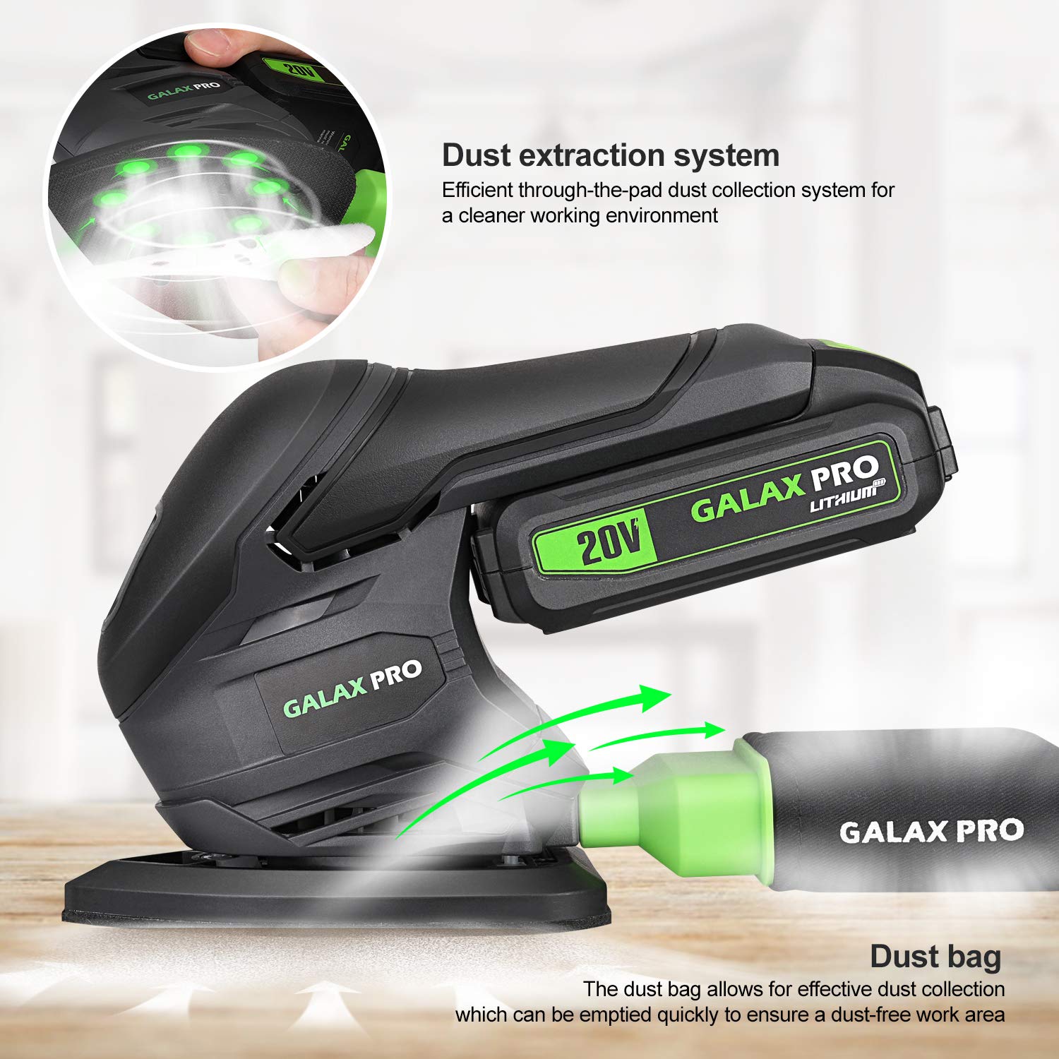GALAX PRO Cordless Detail Sander 20V 20Pcs Sandpapers 12000RPM Sanders with Dust Collection System for Tight Spaces Sanding Battery and Charger Includ