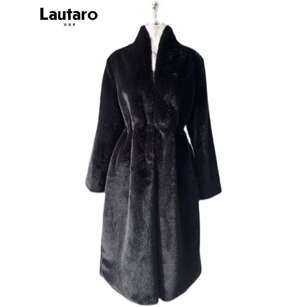 Lautaro Winter Long Black Elegant Stylish Thick Warm Fluffy Hairy Soft Faux Mink Fur Coat Women Stand Collar Sashes 2023 Designer