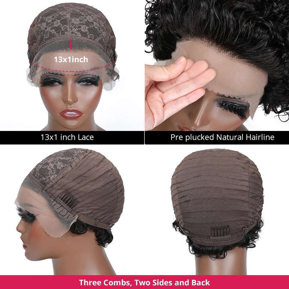 Unice 13x1 Lace Pixie Cut Wig 100% Human Hair Short Curly for Women Wavy Afro Wigs