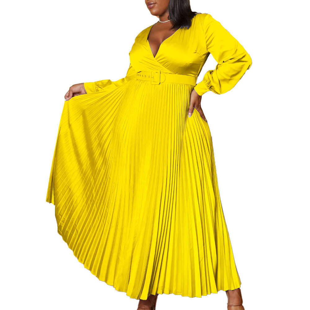 Women's Wear Large Size Women's Clothing New V-Neck Fashionable Temperament Solid Color Pleated Dress