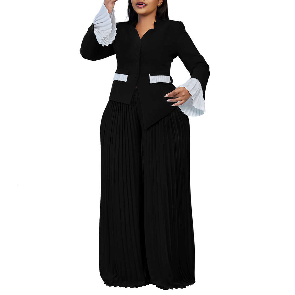 Women's Wear D3328 Plus Size Fashionable Women's Flared Sleeve Top, Pleated Wide Leg Pants Set, Color Blocked Two-Piece Set