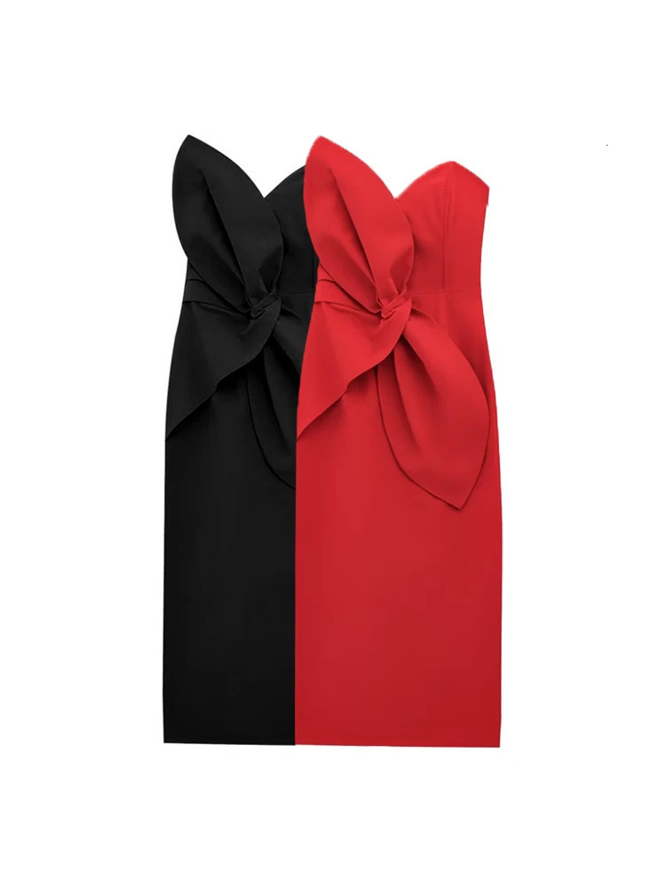 TRZA Strapless Midi Dress for Women Bow Detail Sweetheart Neck Side Zipper Fashion Female Vestidos Mujer 250520