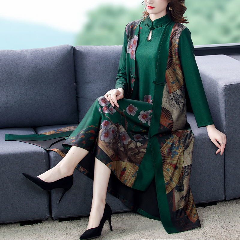 2025 plus size women's summer new slim print retro dress mid-length skirt D02382