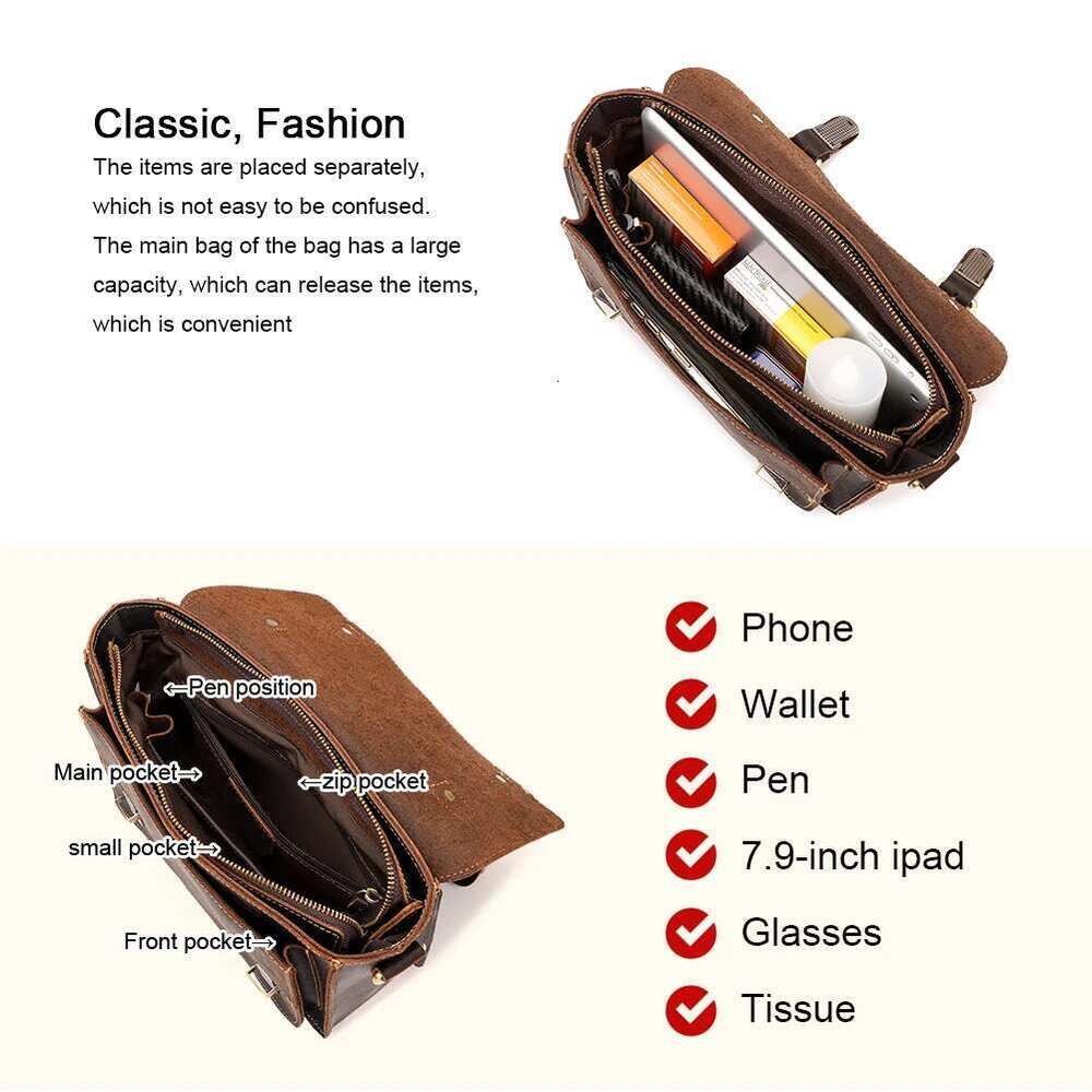 HUMERPAUL Crazy Horse Leather Men Messenger Vintage Large Capacity Crossbody Bag Handbags Multifunctional Business Briefcase
