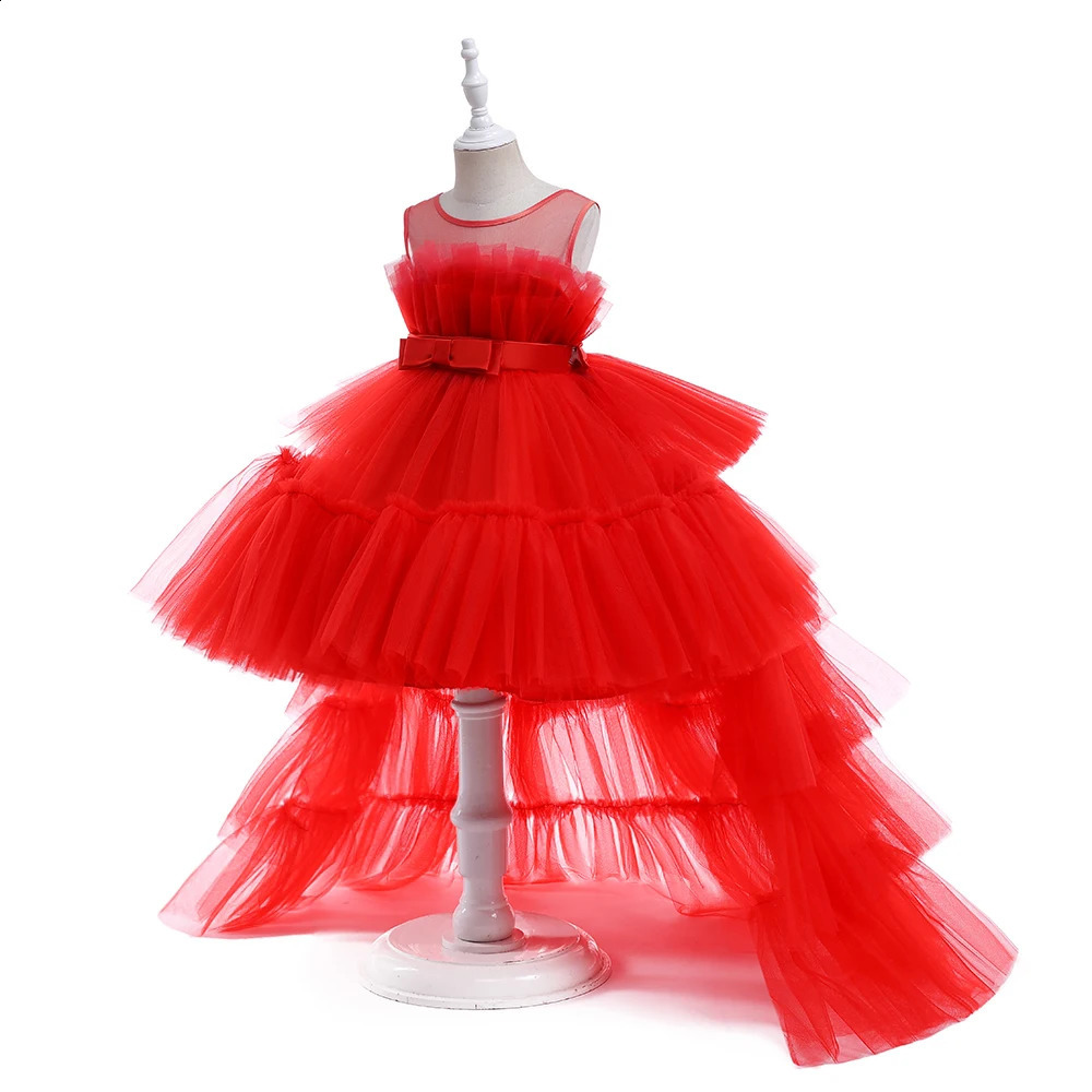 Red Puffy Tulle Flower Girls Dress Trailing First Communion Party Dresses For Girl Children Costume Princess Birthday Clothes 250519