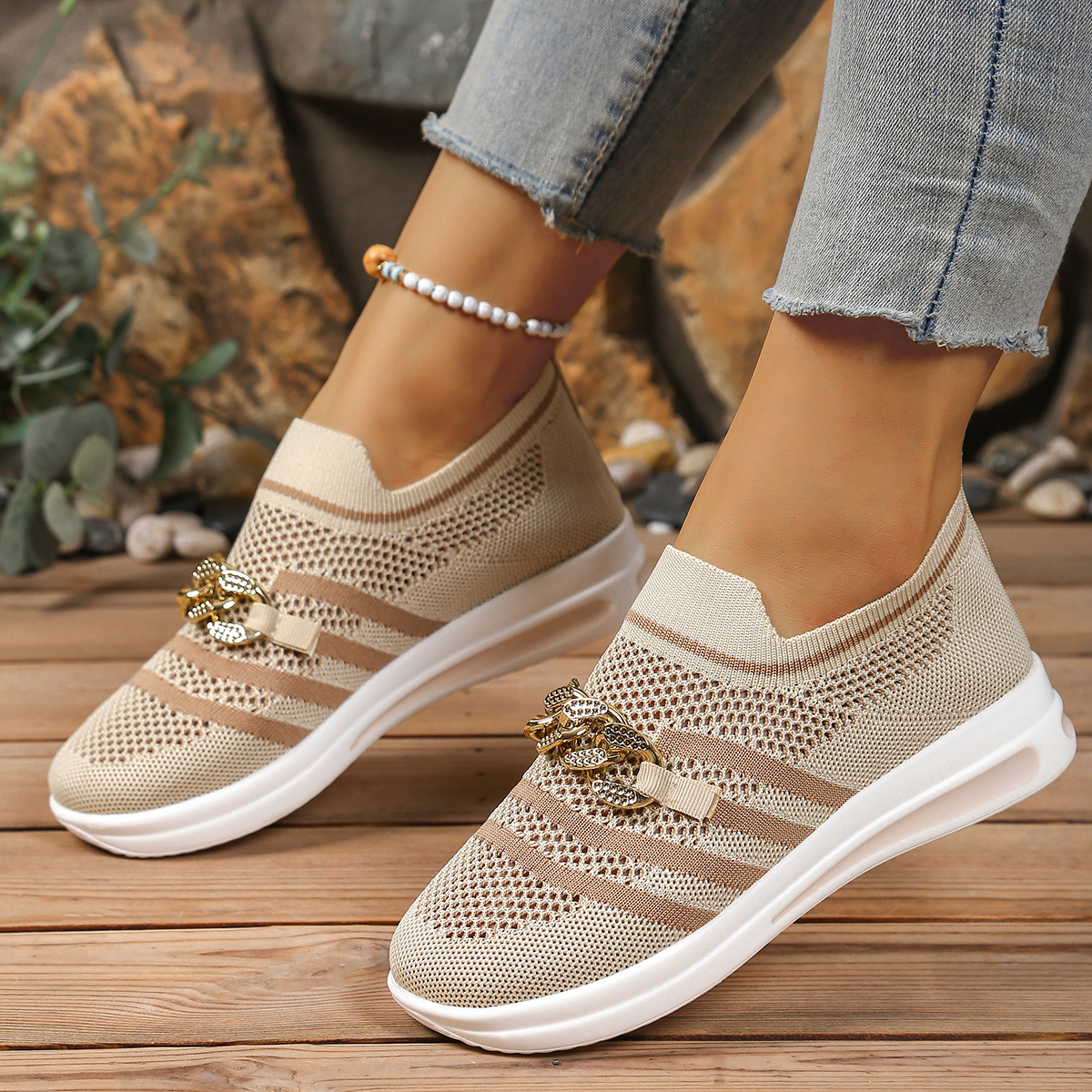 New Metal Chain Slope Heel Thick Bottom One Step Breathable Lightweight Mesh Large Casual Single Shoe For Casual Shoes Women Ddmysaturn