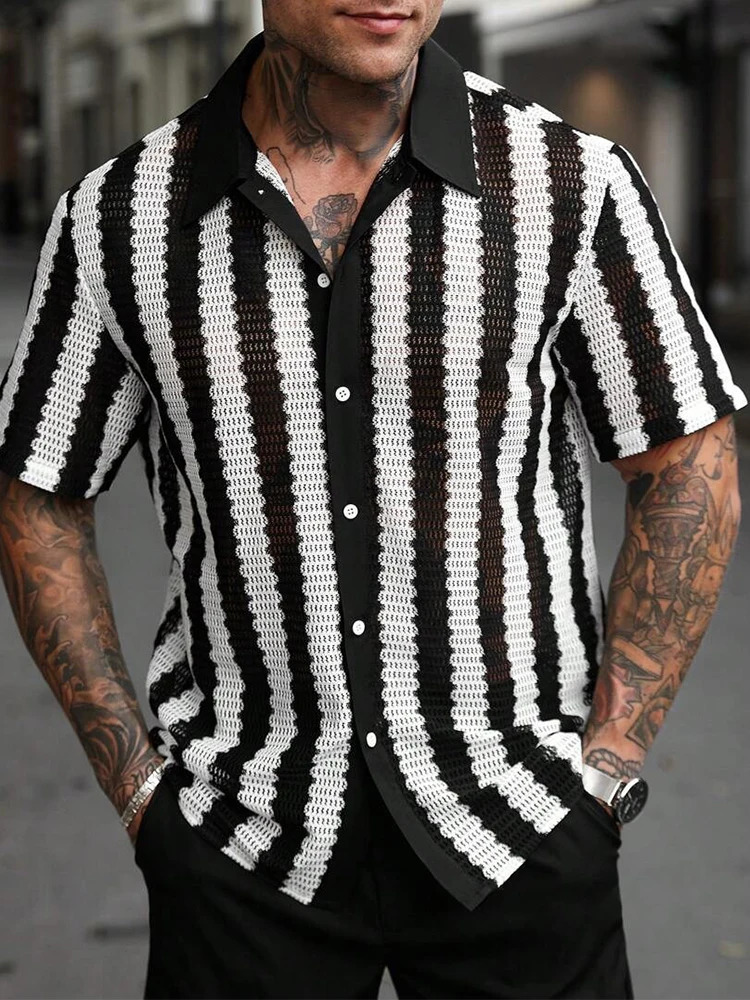 Trendy Mens Knitted Shirts Summer Casual Hollow Out Breathable Cardigans Men Beach Fashion Short Sleeve Striped Knit Shirt 250520