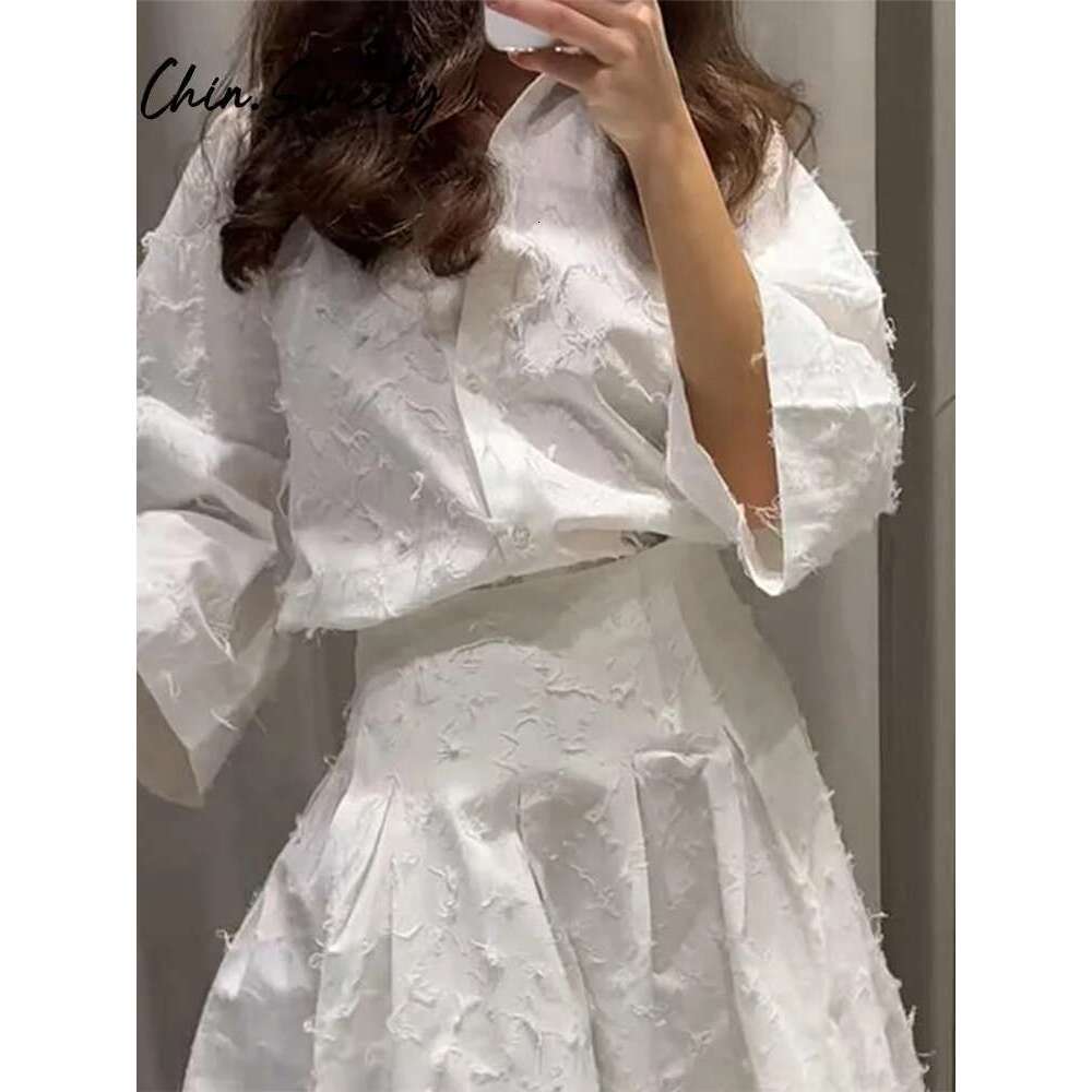 Urban Shirt Skirt Set Women Casual Lapel Sleeve T-Shirt High Waist Pleated Long Skirts 2025 Summer Street Lady Sets