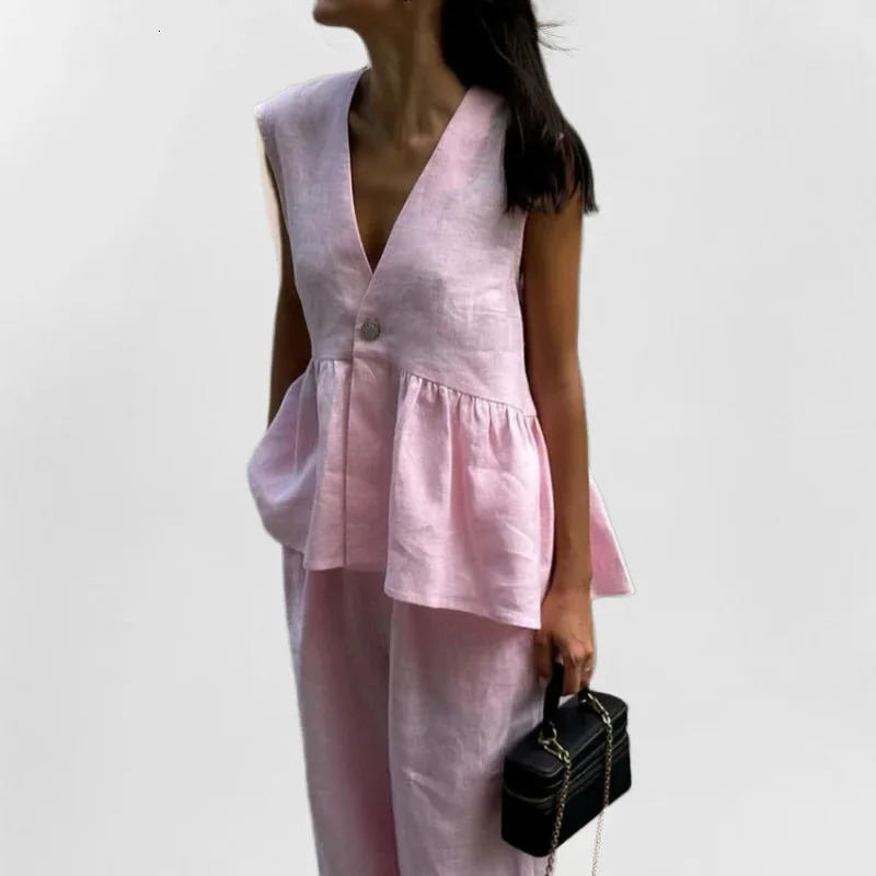 Womens Two-piece Elegant and Fashionable Solid Color V-neck Sleeveless Vest Pants Set for Summer 2025 250516