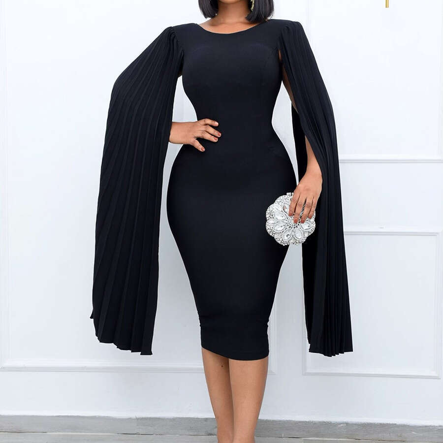 Women's Wear Large Size Women's Spring Pleated Round Neck Elegant Solid Color Buttocks Wrapped Tight Fitting Dress