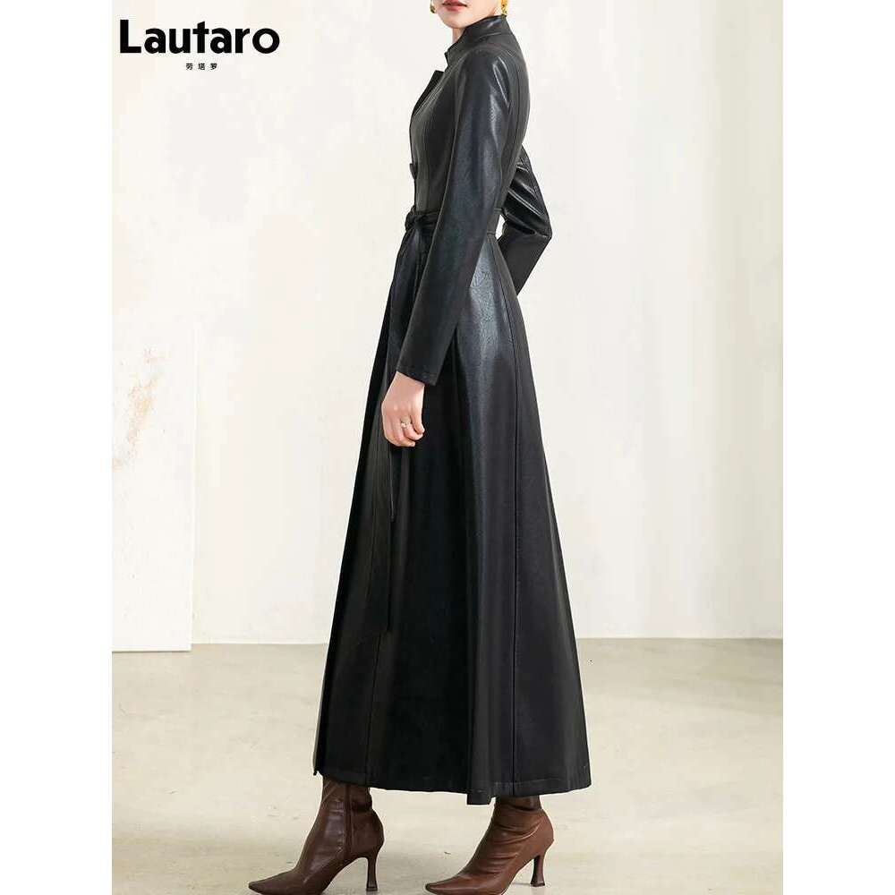 Lautaro Spring Autumn Black Soft Waterproof Faux Leather Coat Women Belt Long Sleeve Single Breasted Fashion 2022 Designer