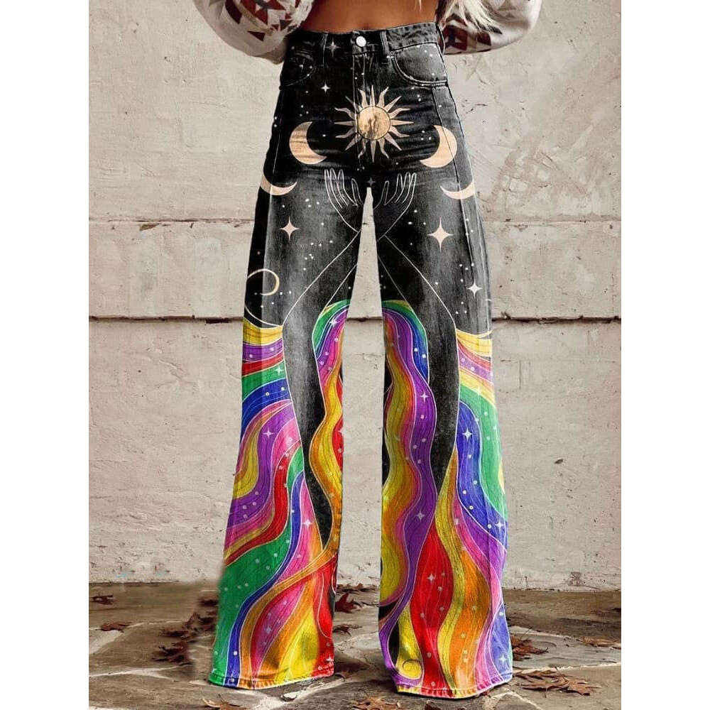 Women's Casual High-Waisted Wide-Leg Jeans - Printed Stretch Design for All-Day Comfort