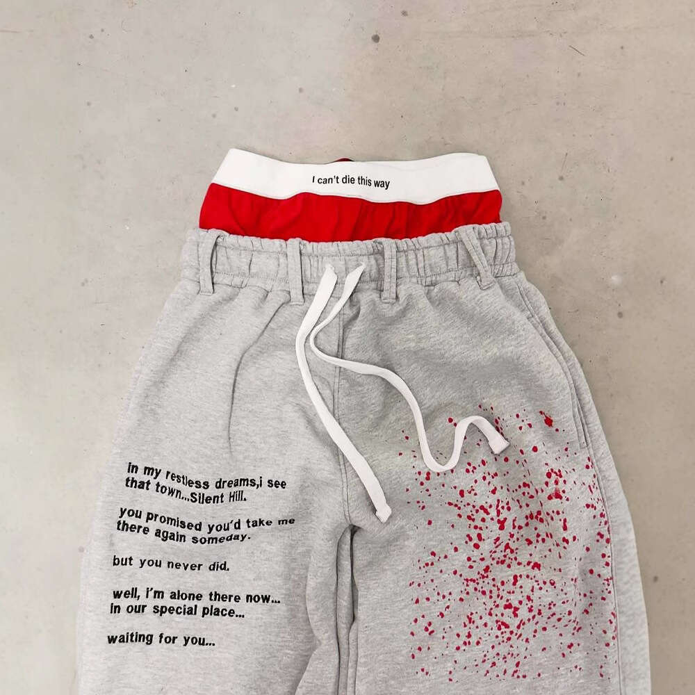American Gothic style old inkjet painted letter printing double-layer sports casual pants for men, loose fitting hip-hop rap street
