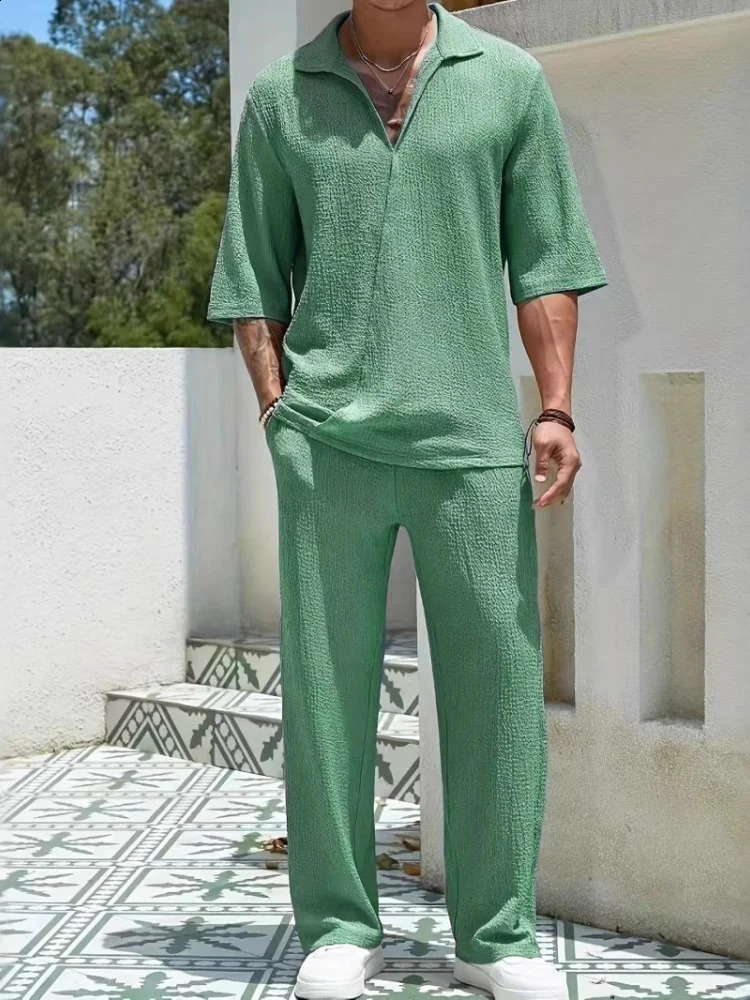 2025 Spring summer Mens retro casual suit collar solid color half-sleeved shirt loose drawstring pants Two-piece beach Suit 250519